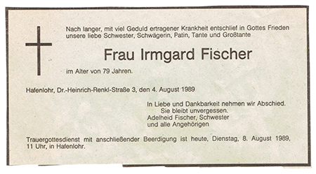 Fischer Irmgard Anzeige